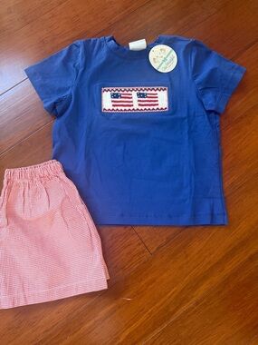 Blue Kids Short-Sleeve Tee with Flag Smocking